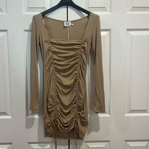 Ruched tan body con long sleeve dress